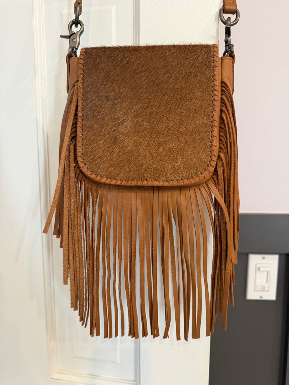 Montana West Fringe Crossbody Bag in Tan with Haircalf Flap